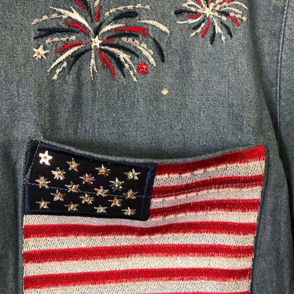 Americana Flag denim shirt 1X Quacker Factory 100%cotton - Picture 8 of 9